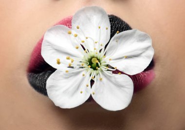 Yaratıcı makyaj ve çiçek kadın ile dudakları 