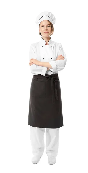 Vrouwelijke chef-kok op witte achtergrond — Stockfoto