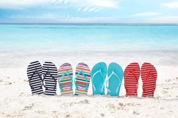 Colorful flip-flops on sea shore — Stock Photo, Image