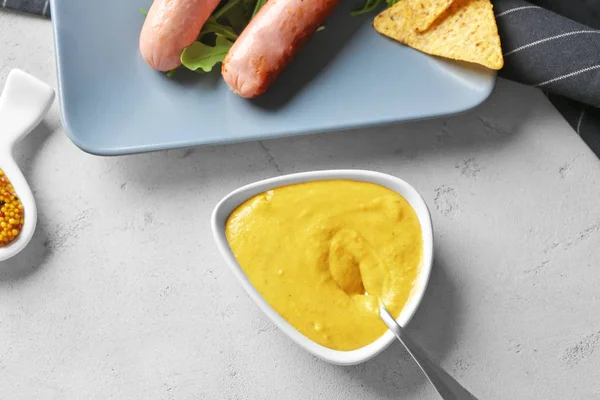 Gravy boat with delicious mustard sauce — Stock Photo, Image