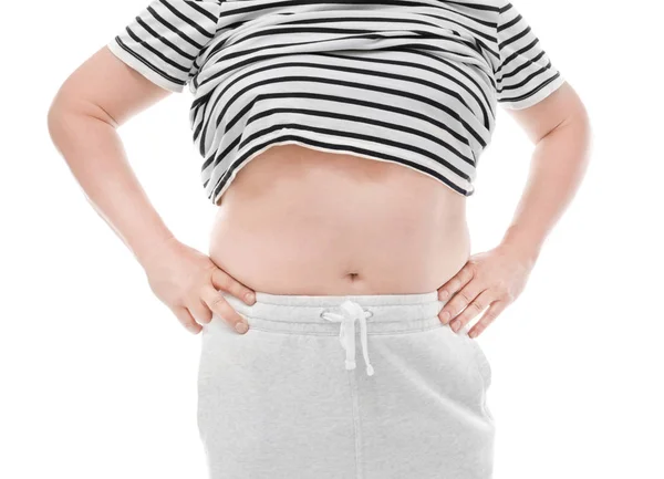 Übergewichtiger Mann berührt seinen Bauch auf weißem Hintergrund. Ernährungskonzept — Stockfoto