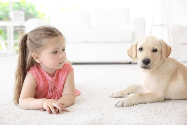 Schattig kind met Labrador Retriever thuis — Stockfoto