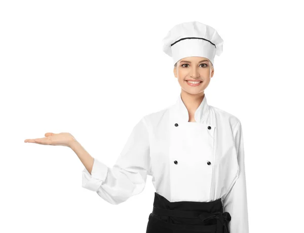 Mladá fena kuchař na bílém pozadí — Stock fotografie