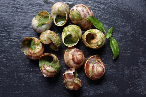 Heerlijke slakken in groene saus op donkere tafel — Stockfoto