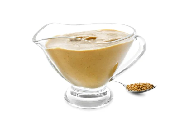 Gravy boat of delicious mustard sauce — Stock Photo, Image