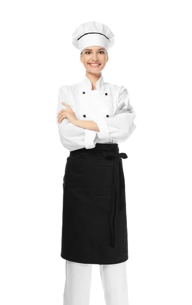 Jonge vrouwelijke chef-kok op witte achtergrond — Stockfoto