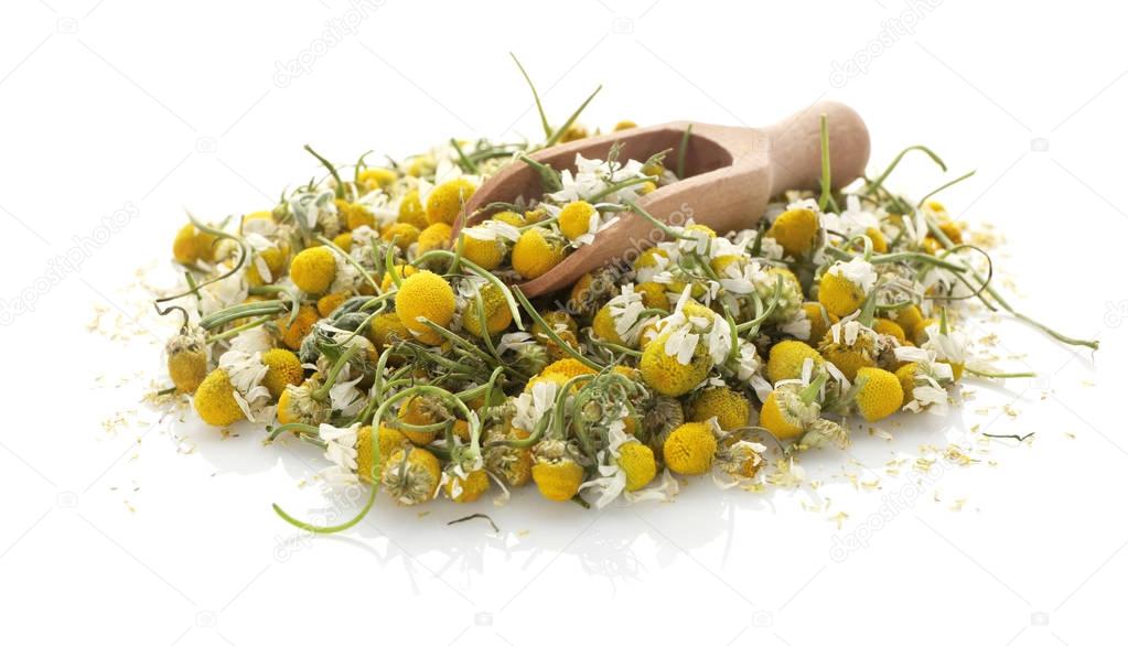 Dried chamomile flowers and wooden scoop