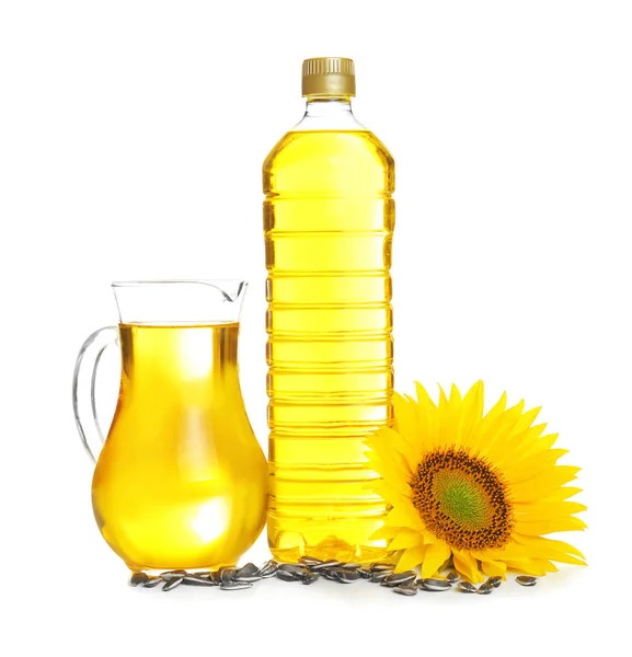 Composition with cooking oil and sunflower — Stock Photo, Image