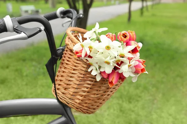 Fahrrad mit Korb voller schöner Blumen — Stockfoto