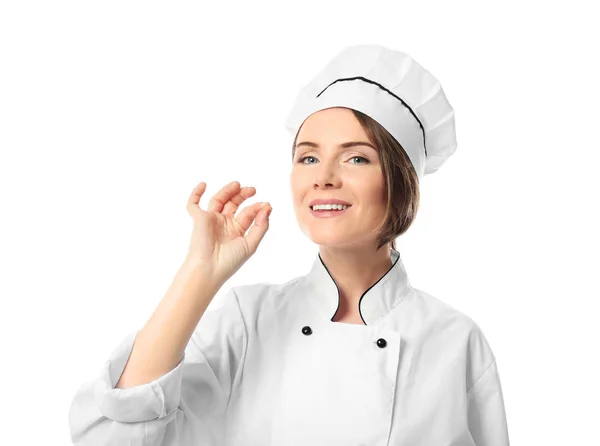 Chef femenino sobre fondo blanco — Foto de Stock