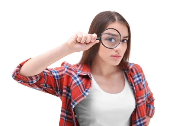 Beautiful young woman with magnifier — Stock Photo, Image
