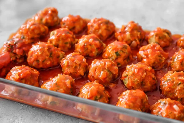 Turkey meatballs in glass casserole dish — Stock Photo, Image