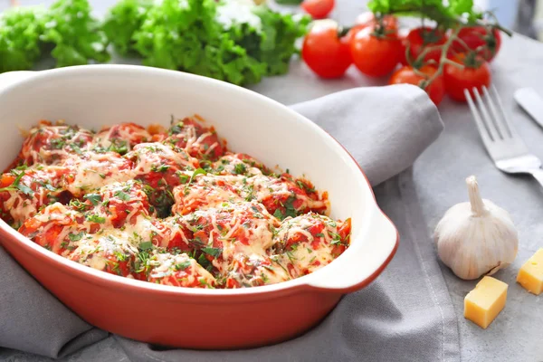 Ceramic casserole dish with turkey meatballs — Stock Photo, Image