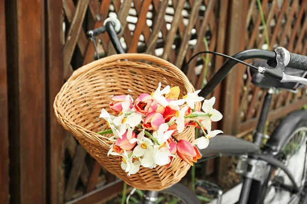Cykel med korg av vackra blommor — Stockfoto