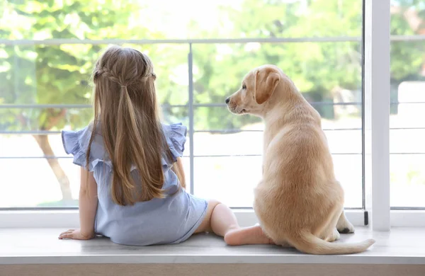 Söta barn med labrador retriever på fönsterbrädan hemma — Stockfoto