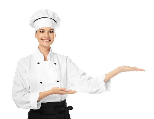 Young female chef on white background — Stock Photo, Image