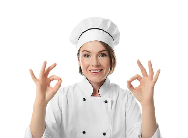Vrouwelijke chef-kok op witte achtergrond — Stockfoto