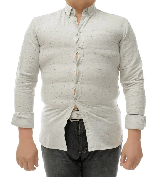 Diet concept. Overweight man in tight shirt on white background — Stock Photo, Image