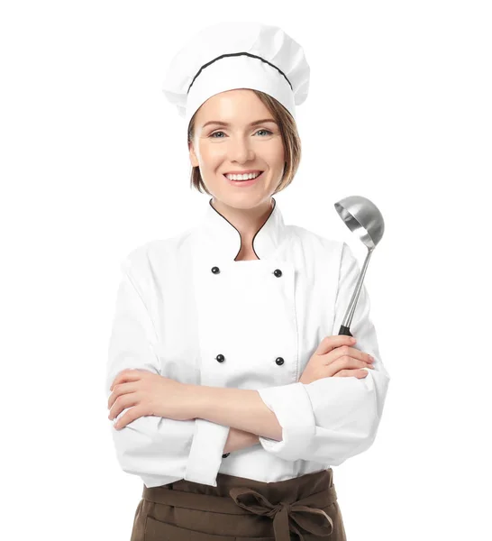 Chef femenino sobre fondo blanco — Foto de Stock