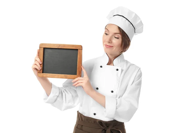 Žena kuchař s tabuli na bílém pozadí — Stock fotografie