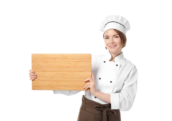 Chef feminino com placa de madeira em branco no fundo branco — Fotografia de Stock