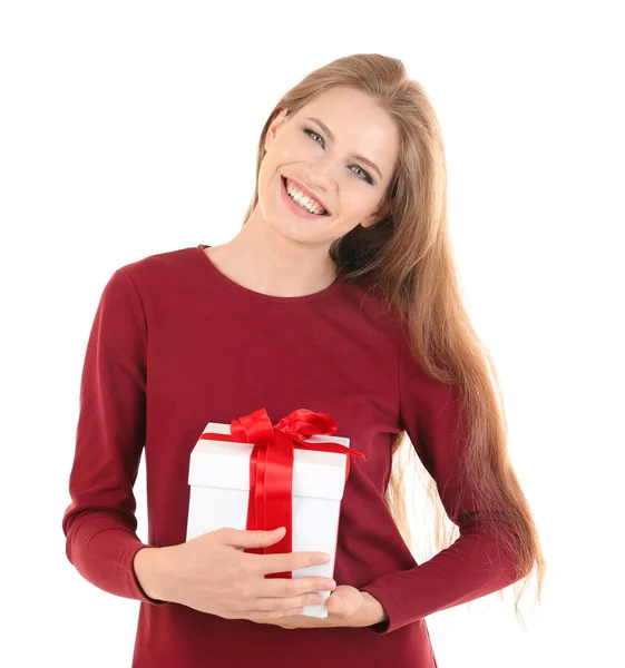 Young lady holding gift box — Stock Photo, Image