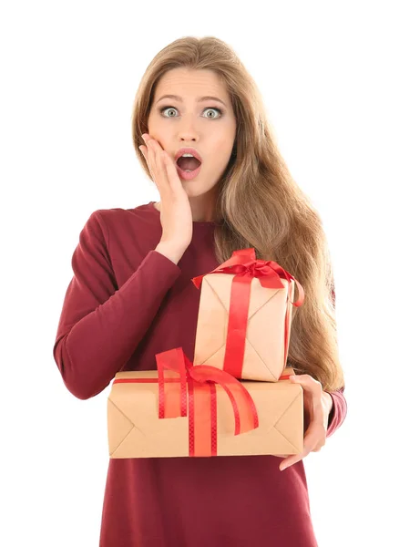 Signora che tiene scatole regalo — Foto Stock