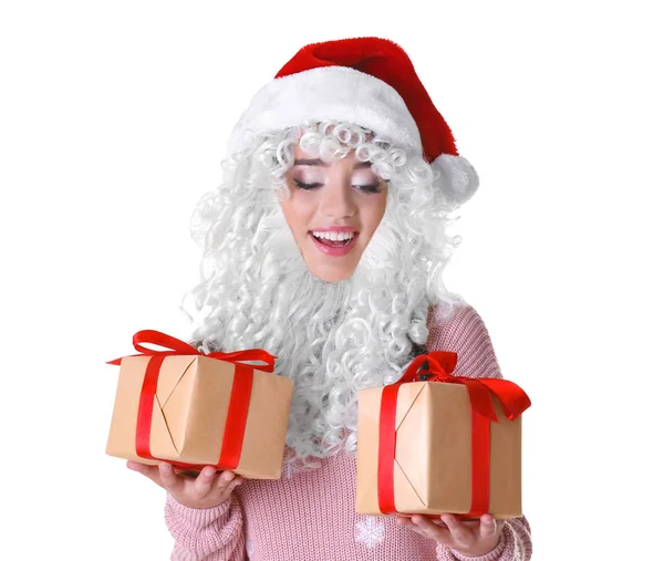 Damen i falska jultomten skägg — Stockfoto
