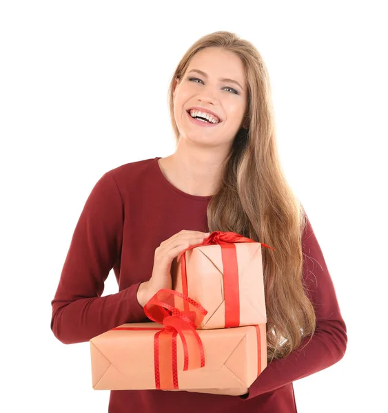 Young lady holding gift boxes — Stock Photo, Image