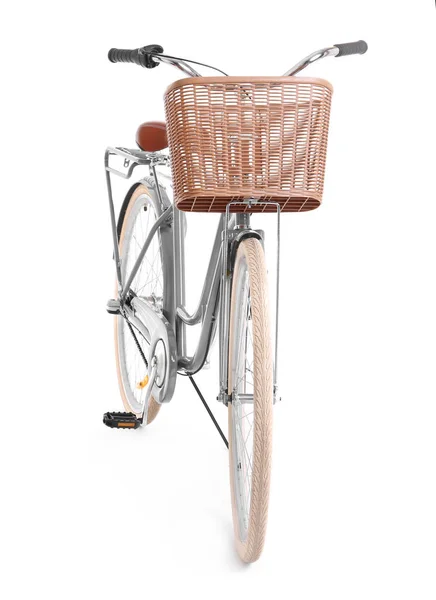 Bicycle with wicker basket on white background — Stock Photo, Image