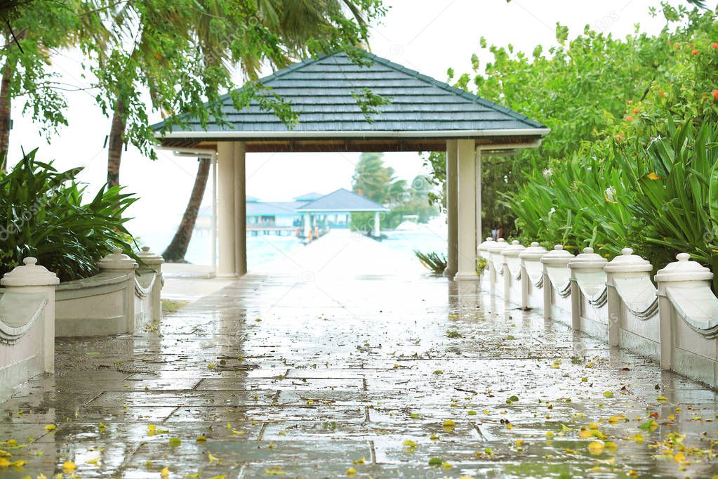 View of tropical resort on rainy day