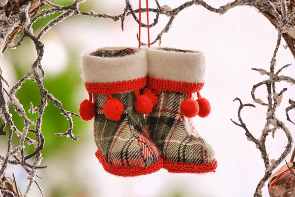 Baby boots hanging on snowy branch — Stock Photo, Image