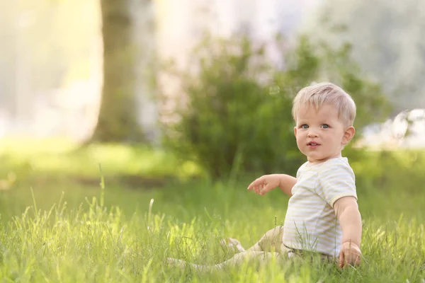 Cute baby boy sitting on green grass — Stock Photo, Image