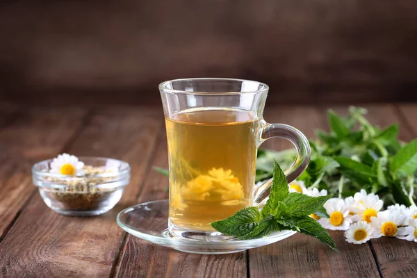 Herbal tea and chamomile flowers — Stock Photo, Image