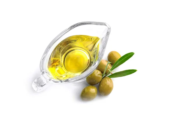 Glas saus boot met olijfolie — Stockfoto