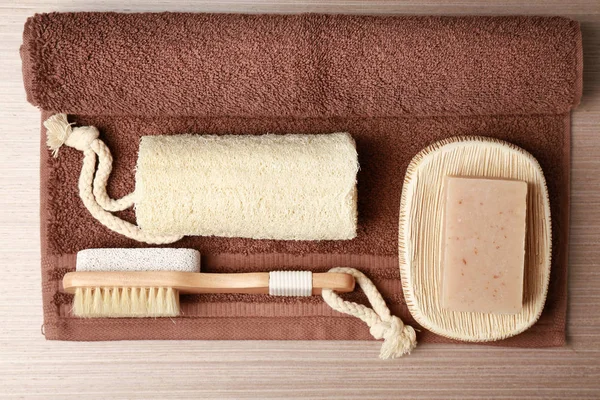 Bath accessories, towel and soap — Stock Photo, Image