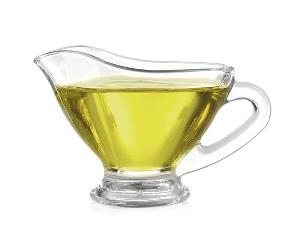 Glass gravy boat with hemp oil — Stock Photo, Image