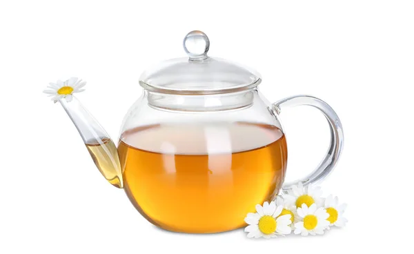 Teapot of herbal tea with chamomile flowers — Stock Photo, Image