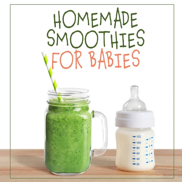 Feeding bottle with milk and jar of smoothie