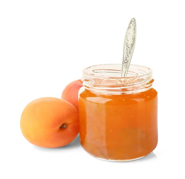 Aprikos sylt i burk med sked — Stockfoto