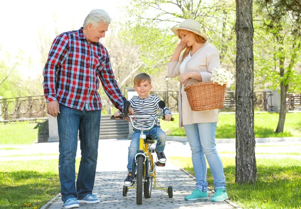 Милый маленький мальчик катается на велосипеде и его бабушка с дедушкой в весеннем парке — стоковое фото