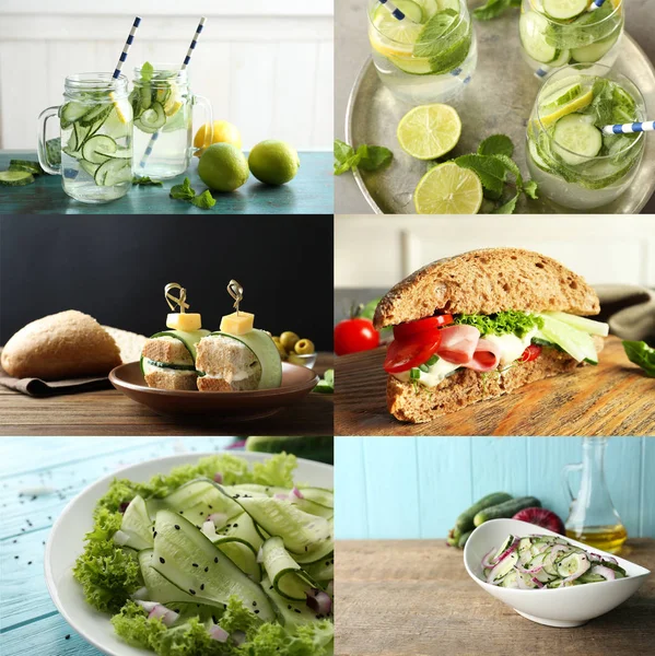 Collage avec différentes idées d'utilisation des concombres dans la cuisine — Photo