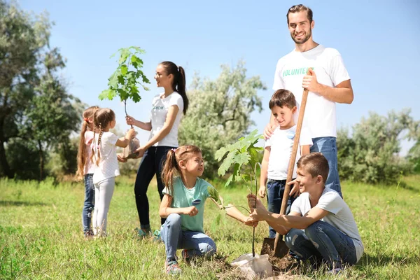 Parkta ağaç dikme çocuklu genç gönüllüler