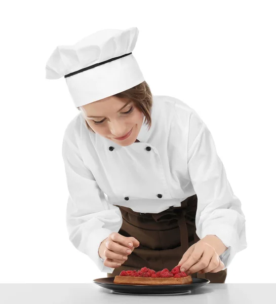 Chef feminino com sobremesa saborosa — Fotografia de Stock