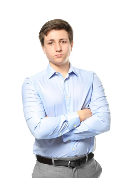 Carino adolescente ragazzo in posa su sfondo bianco — Foto Stock