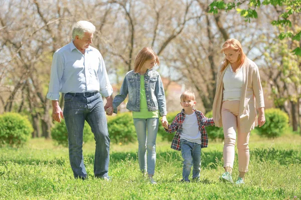 Enfants heureux mignons avec des grands-parents marchant dans le parc de printemps le jour ensoleillé — Photo