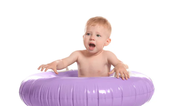 Cute little boy in inflatable ring on white background — Stock Photo, Image