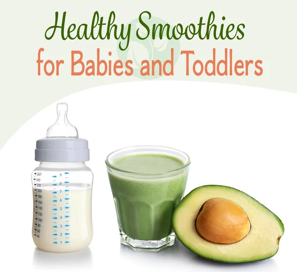 Feeding bottle with milk and glass of smoothie