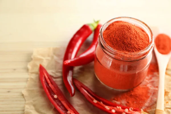 Chili powder in glass jar — Stock Photo, Image