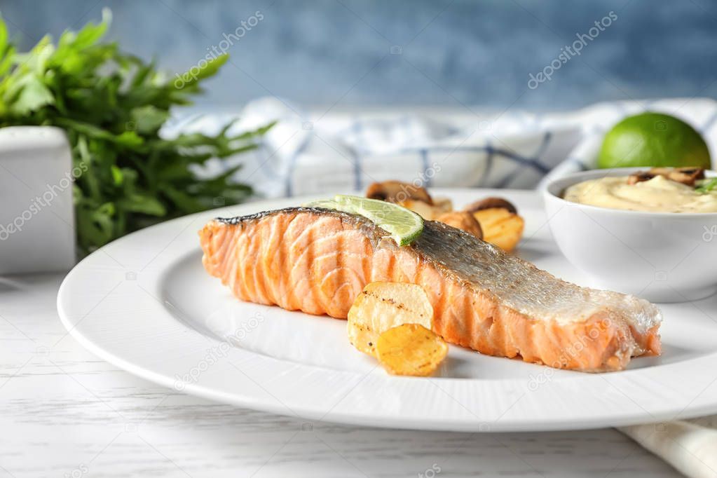 Plate with slice of delicious salmon 